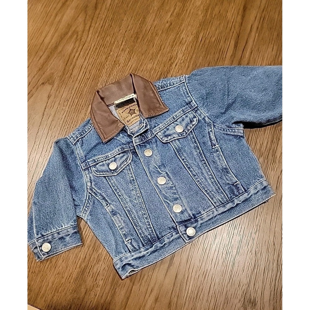 Vtg Sprockets Denim Jacket  Faux Leather Collar Size 6/9 mo‎ Made In Hong Kong